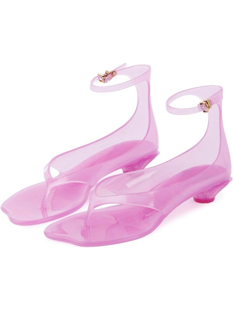 Women's Pink Jelly Thong Sandals Flip-Flop Kitten Low Heels Toe Ankle Strap